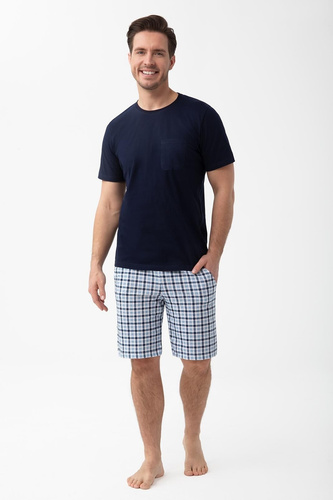 Piżama męska 1601 Luna azul marino de algodón con pantalones cortos a cuadros