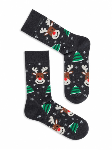 Calcetines de hombre Milena 1290-043 Renos y Árboles de Navidad de algodón oscuro melange