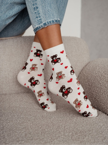 0200-202 Calcetines de mujer Milena Ositos de peluche con corazones San Valentín algodón crudo, bonito dibujo, 37-41