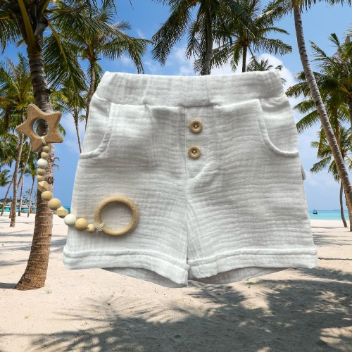 SZ55308 Mamatti pantalones cortos de muselina azul con bolsillos y botones para verano