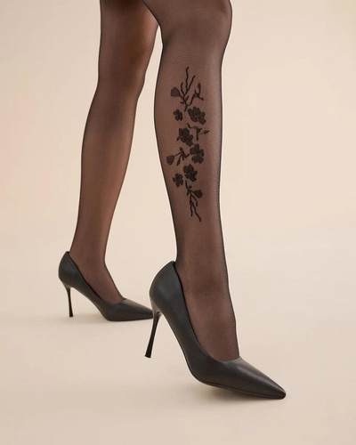 Medias 385 Jasmine 20 den Gabriella – Negras, Elásticas, Estampado Floral