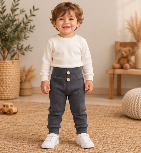 Leggings para niño LC010 de algodón acanalado color azul marino con botones de madera