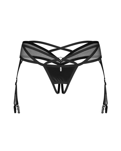 Obsessive Dominna Crotchless Thong negro- brillo de látex, entrepierna abierta, tiras de liga