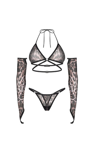 Conjunto Obsessive Addia estampado de leopardo sujetador soft y tanga con guantes