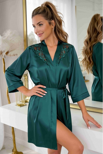 Donna Mela Bata de Satén para Mujer Verde Camisón con Encaje Manga 7/8