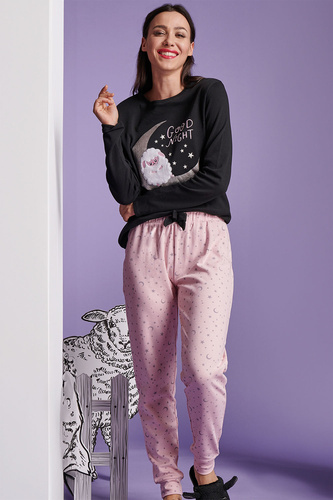 Shearly Pijama de mujer Sorbetto negro - 100% algodón, aplique 3D, pantalón con cordón