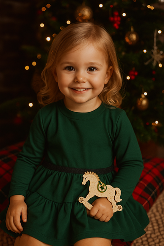 Mamatti niñas algodón SE03 Merry Christmas vestido - verde botella, manga larga