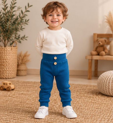 Leggings para niño LC010 de algodón acanalado color azul marino con botones de madera