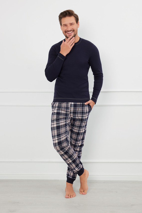 Brit Pijamas Hombre de manga larga, pantalón largo Moda Italiana - azul marino/estampado