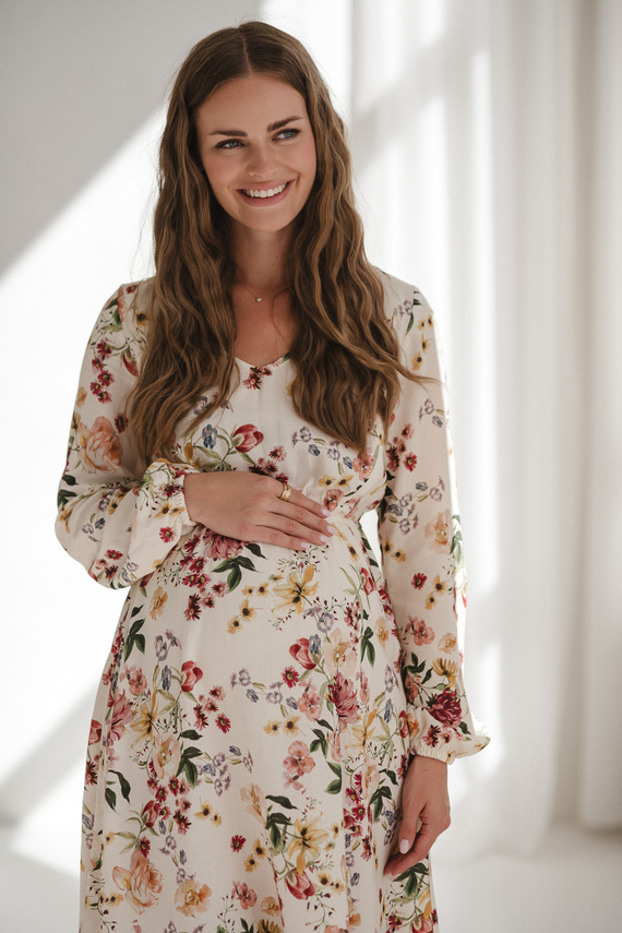 Lovely Dress Midi Milk&Love vestido de maternidad y lactancia floral crema en lino, corte elegante con cremalleras de lactancia
