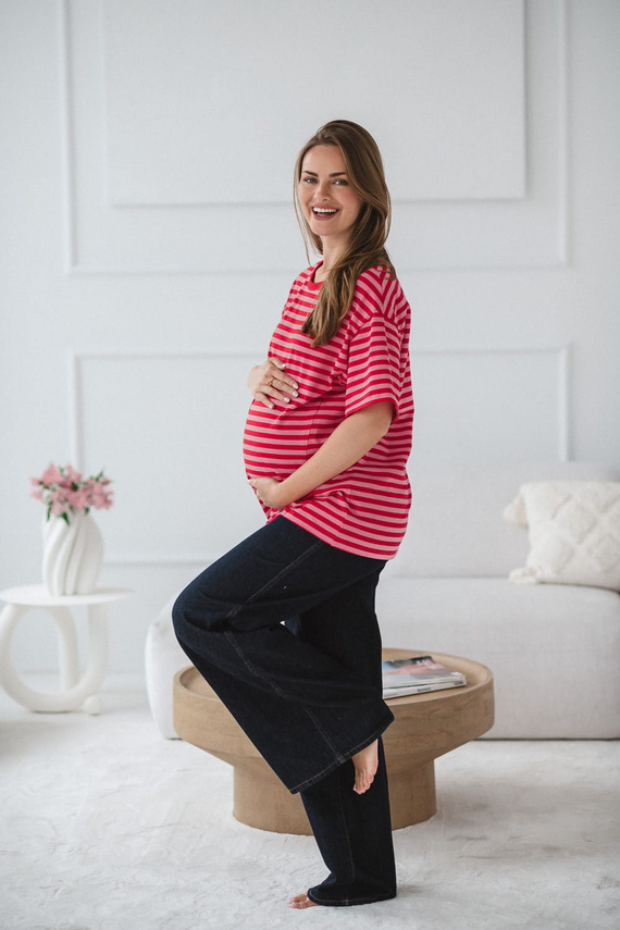 Mamahood Camiseta de embarazo y lactancia Milk&Love a rayas rojo-rosa- cómoda y elegante