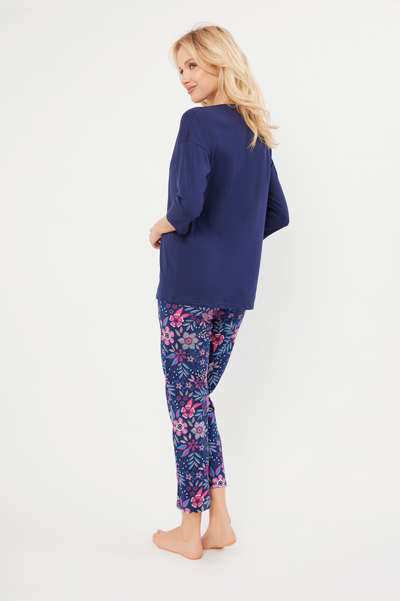 Folk Pijama de señora manga 3/4, pantalón 7/8 Moda Italiana - azul marino/estampado