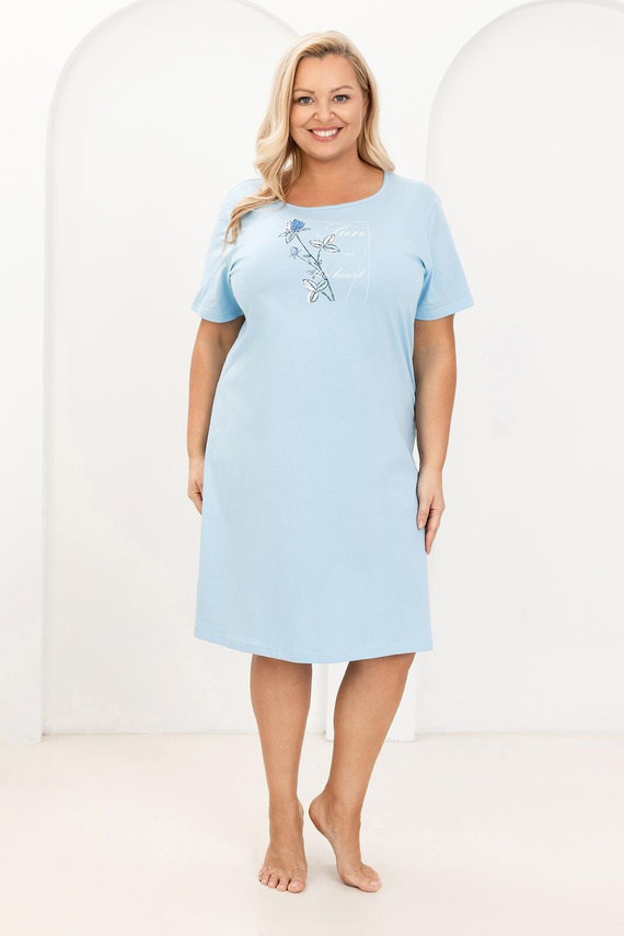 Camisón de señora Regina 172 azul- 100% Algodón, Manga corta, Medio escote redondo, Estampado, Largo hasta la rodilla