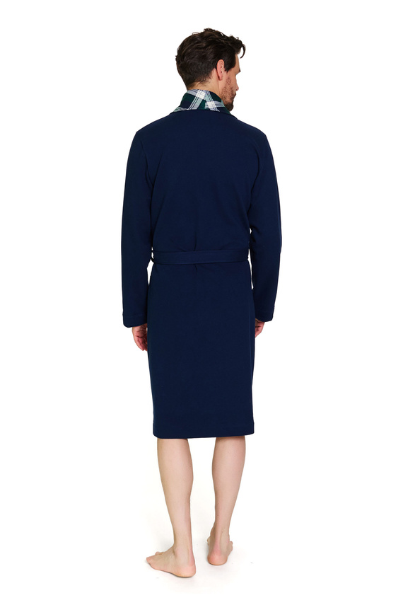 7366 Doctor Nap | Albornoz azul marino premium de hombre con ribete a cuadros - 100% algodón - azul marino