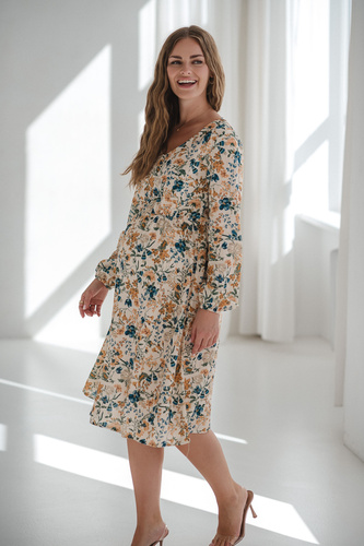 Lovely Dress Midi Milk&Love Vestido de maternidad y lactancia floral beige de lino, corte elegante con cremalleras de lactancia