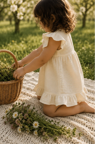 Mamatti SA50403 vestido infantil de muselina ecru, ligero y transpirable