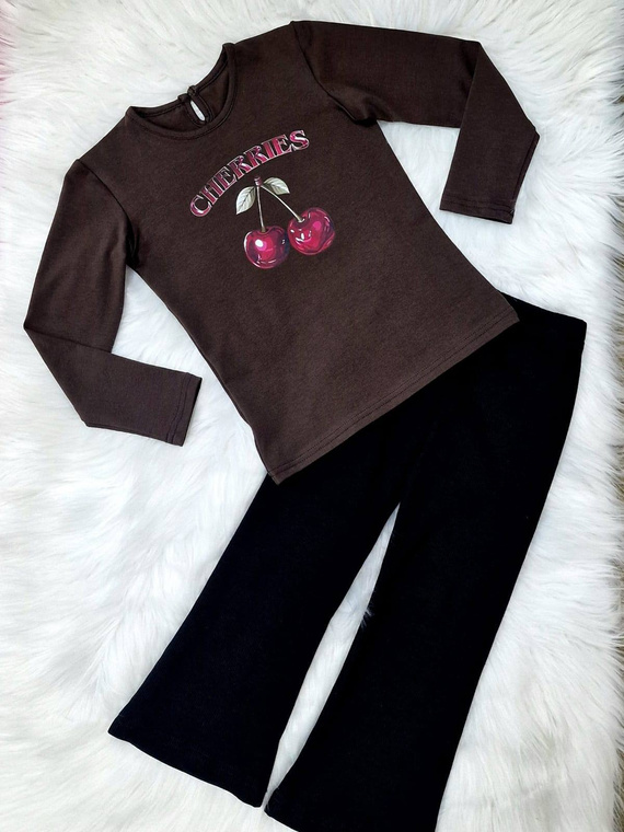 Blusa niña Cerezas Bambarillo algodón chocolate oscuro, manga larga, estampada