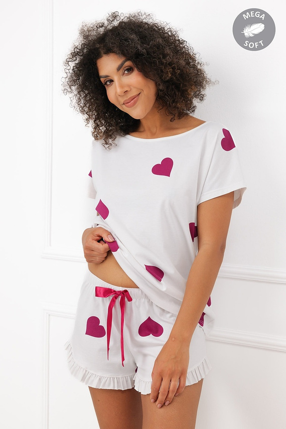 Italian Fashion Soul Pijama corta de mujer Mega Soft ecru con corazones burdeos