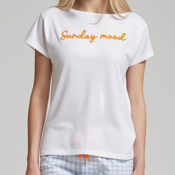 Dana Pijama de mujer Sorbetto azul - 100% algodón, manga corta, pantalón a cuadros, conjunto