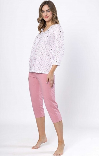 Pijama de señora Dobrusia 1636 - algodón rosa, manga 3/4, abotonado