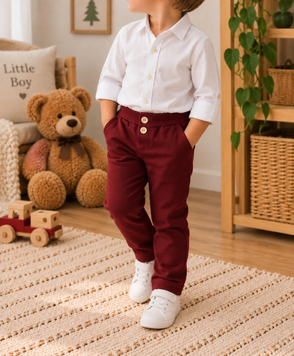 Mamatti SM020 pantalones infantiles de algodón bordó con bolsillos y botones de madera