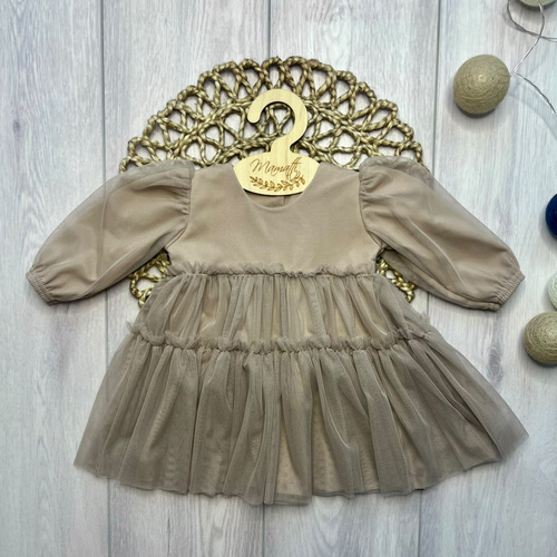 Vestido infantil Mamatti SZ355 de algodón con tul, manga larga - beige