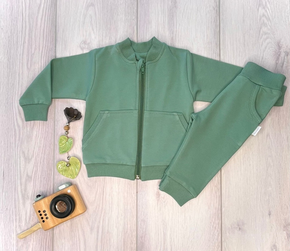 Mamatti DR2148 Chándal infantil de algodón color salvia Sudadera con cremallera Pantalones con bolsillos