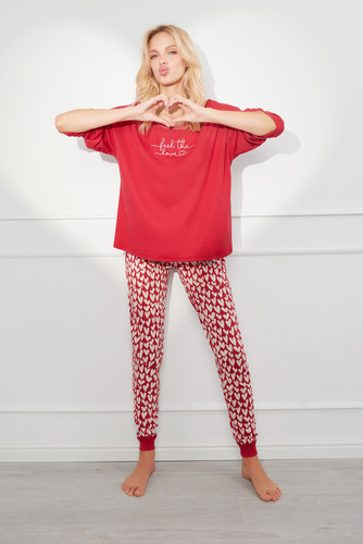 Evora Pijama señora manga larga, pantalón largo Moda Italiana - rojo/estampado