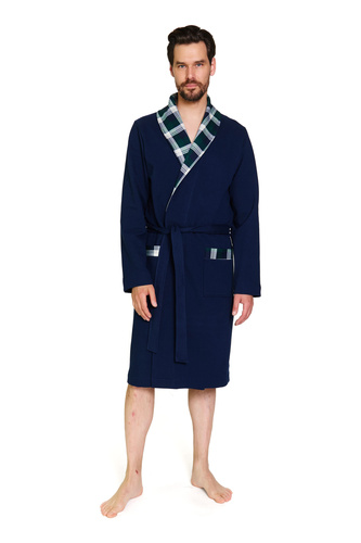 7366 Doctor Nap | Albornoz azul marino premium de hombre con ribete a cuadros - 100% algodón - azul marino