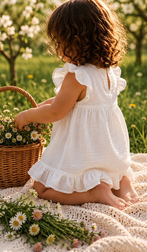 Mamatti SA50402 vestido infantil de muselina blanco, ligero y transpirable