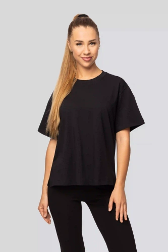 Camiseta urbana negra de algodón para mujer - Manga corta, corte clásico, a la moda con aberturas | Material de alta calidad, elasticidad