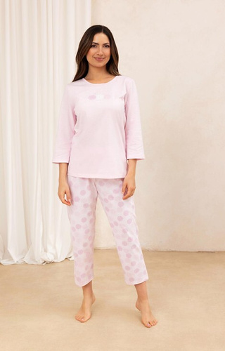 702 Regina pijama de algodón rosa - mujer, manga 3/4, 7/8 pantalón estampado