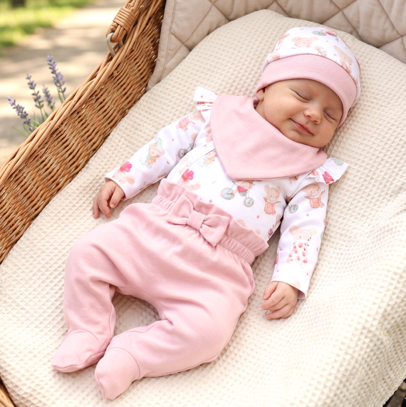 Conjunto bebé NINI Little Mouse algodón orgánico body polaina gorro niña