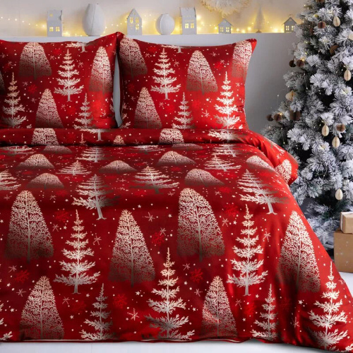 Ropa de cama navideña Rubin en microfibra Eurofirany árbol de Navidad rojo blanco- suave, ligera y fácil de cuidar, con cremallera