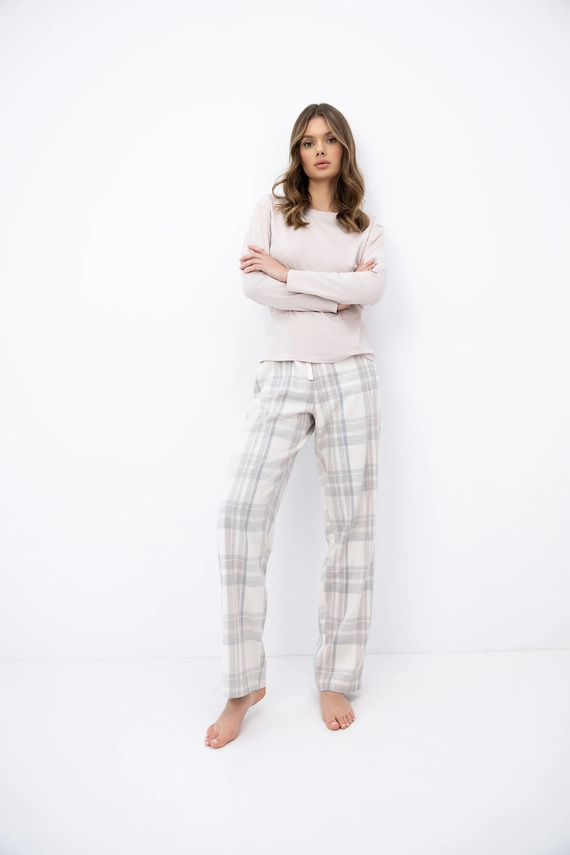 Pijama de mujer Sensis Sable beige de bambú, manga larga, pantalones a cuadros