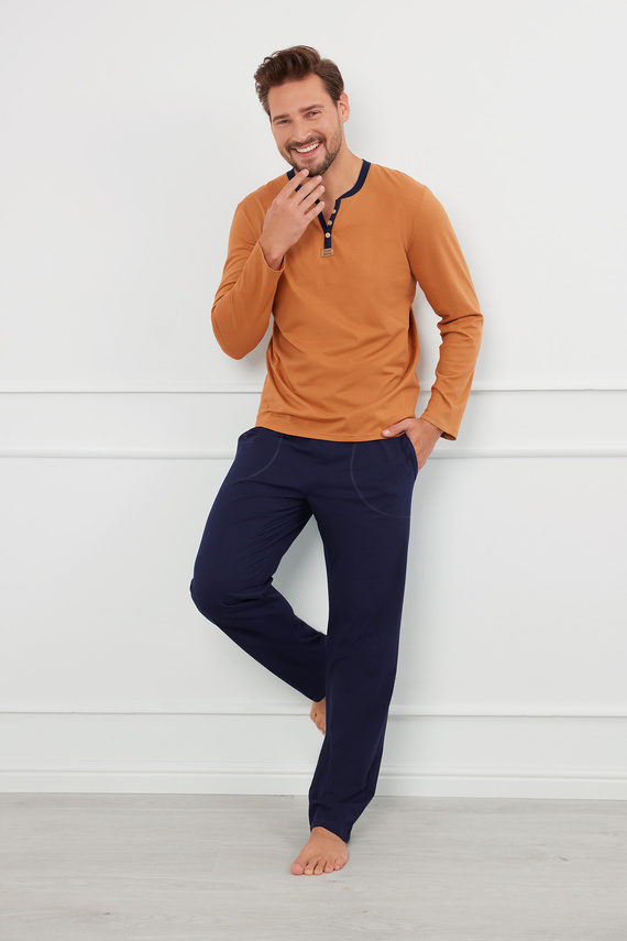 Julius Pijama de manga larga para hombre, pantalón largo Moda Italiana - coñac/verde