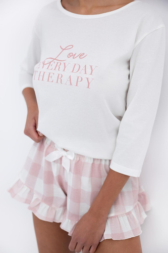 Emily Sensis - Pijama de algodón para mujer | Camisa 3/4 y pantalón corto a cuadros con ribete de volantes