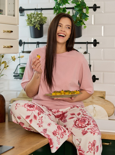 Pijama de mujer Mefemi by Nipplex Elara PW83 de algodón pantalón largo rosa