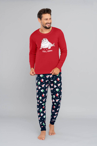 Pijama Elder Hombre manga larga, pantalón largo Moda Italiana- rojo/estampado azul marino