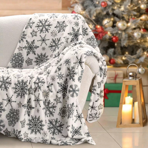 Eurofirany Manta de Navidad blanca azul marino copos de nieve - colcha de microfibra suave, 240 g/m²