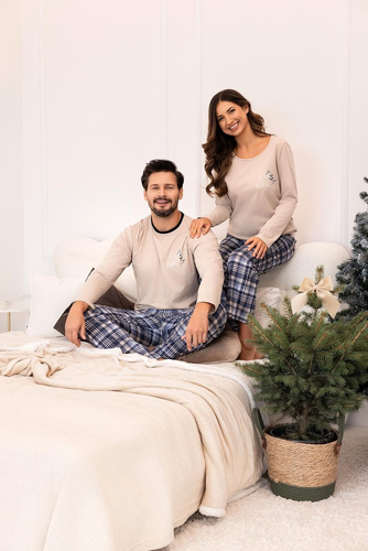 Pijama de señora Regina 743 beige-algodón, largo. manga, estampado, pantalón de cuadros