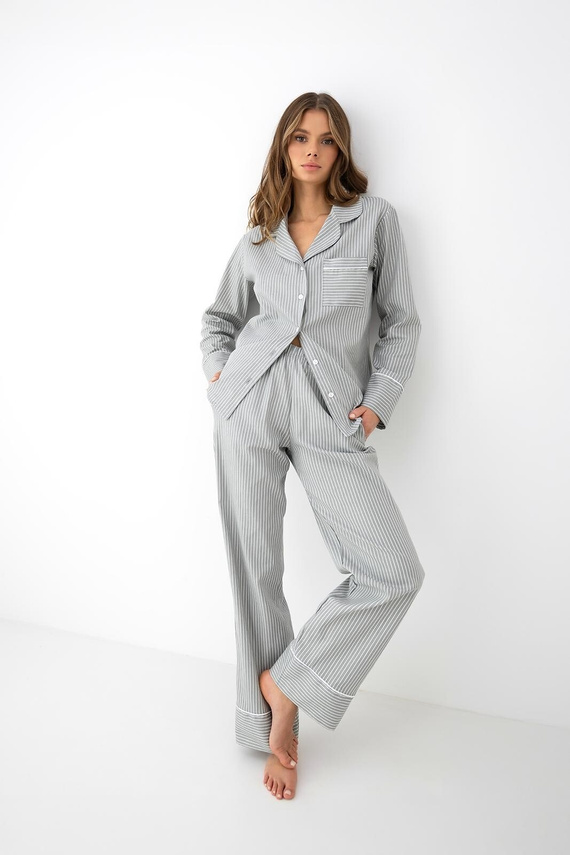 Sensis Imani pijama de mujer de algodón gris con botones y finas rayas