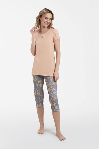 Kasali Pijama de mujer manga corta y pantalón 3/4 Moda Italiana - salmón/estampado