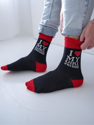 0125-108 Calcetines de hombre Milena San Valentín algodón negro, motivo decorativo, talla 39-46
