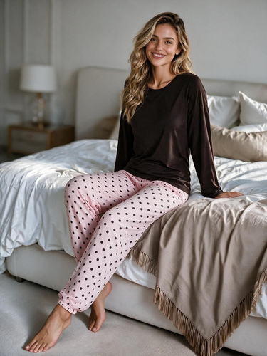 Luna 1310 Pijama larga de mujer 100% algodón Pantalones con lunares marrón