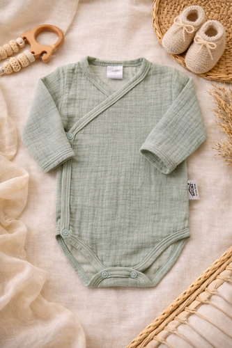 Body de muselina Just Muslin 03235M Makoma menta- manga larga, cierre de sobre, 100% algodón