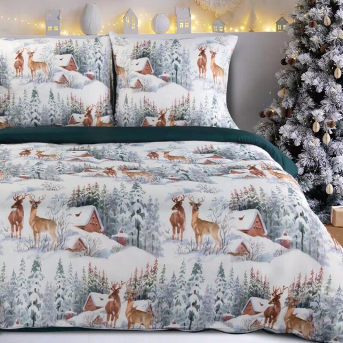 Ropa de cama navideña Fairyland en microfibra Eurofirany paisaje invernal verde- suave, ligera y fácil de cuidar, con cierre de cremallera