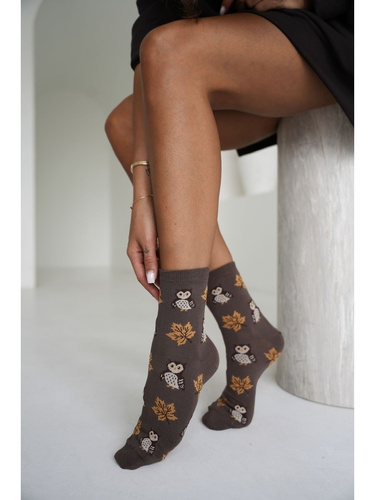 Milena 0200-267 calcetines de mujer de algodón con búhos y hojas cappuccino