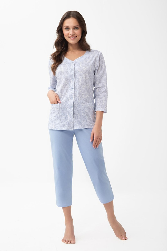 Pijama 1305 Luna de algodón para mujer, abotonada, 7/8 con bolsillos - azul