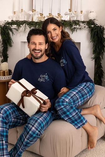 Pijama de hombre Regina 507 azul marino - algodón, largo, camisa estampada y pantalón a cuadros